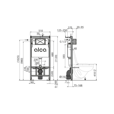 Сет 4 в 1 скрытая система инсталляций Alca Plast AM101/1120+ кнопка M571, хром глянец