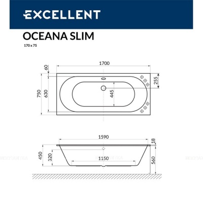 Акриловая ванна с ножками, без панели Excellent Oceana Slim 170*75 (WAEX.OCE17WHS+NWE-64)