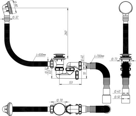 Сифон для ванны регулируемый с переливом автомат Aquant, белый V572-18-MR