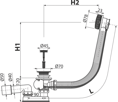 Сифон для ванны автомат комплект, черный-мат AlcaPlast A55BLACK