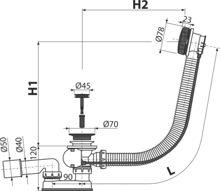Сифон для ванны автомат комплект, черный-мат AlcaPlast A55BLACK