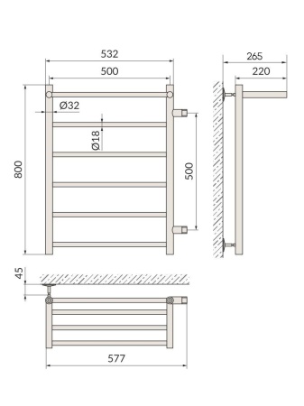 Полотенцесушитель Indigo Line с/п (н.р.1") 80/50 м/о 50 бок.подкл.справа (к-2, Полиров.) LLSHSW80-50R-б/п-50