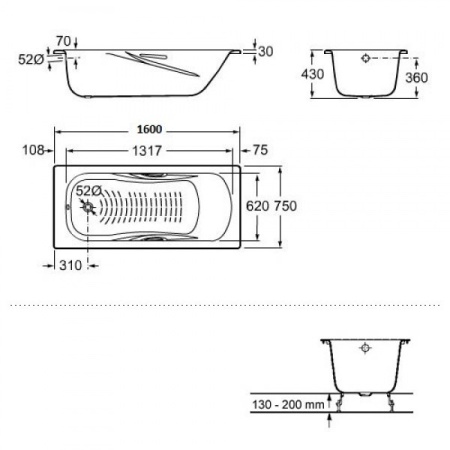 Стальная ванна с ножками Roca Princess 160x75 A2203N0001