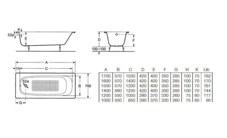 Чугунная ванна с ножками Roca Continental 170x70 A21291100R