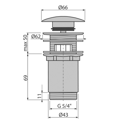 Водослив для умывальника click/clack 5/4",цельнометаллический с большой заглушкой AlcaPlast A392C-BL-01