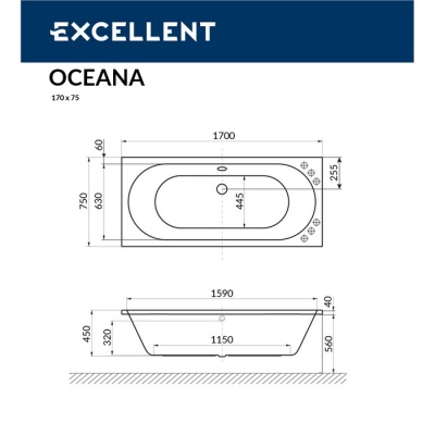Акриловая ванна без панели Excellent Oceana 170x75 (WAEX.OCE17WH+NWE-64)