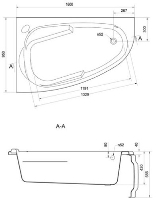 Ванна ассиметричная Cersanit Joanna 160x95 правая с ножками