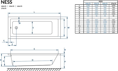Акриловая ванна с ножками, без панели Excellent Ness 160*70 WAEC.PRO7.160.070