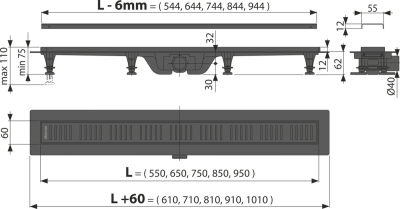 Водоотводящий желоб с порогами для перфорированной решётки Alcaplast, черный APZ10BLACK-850M