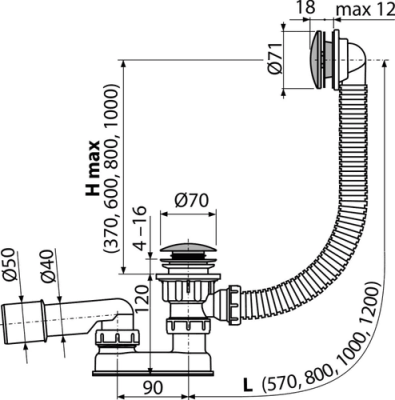 Сифон для ванны click/clack металл (длина 80 cм) AlcaPlast A504CKM-80