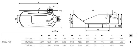 Ванна акриловая прямоугольная с ножками, без панели Kolo Aqualino 150х70 XWP3450000