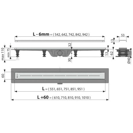 Водоотводящий желоб с порогами для перфорированной решетки APZ18-650M
