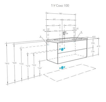 Тумба под умывальник подвесная Акватон Сохо 100 с умывальником Элина 100, слэйт/галька серая