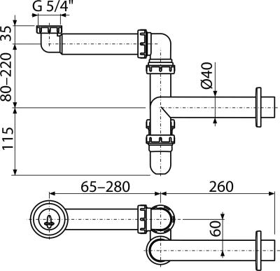 Сифон для умывальника экономящий пространство с накидной гайкой 5/4" AlcaPlast A434-BL-01