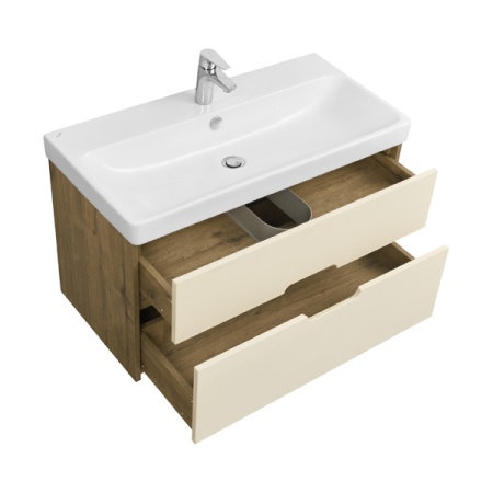 Тумба под умывальник подвесная Акватон Оливия 90 с умывальником Адриана 90, бежевый/дуб Веллингтон