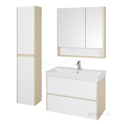 Тумба под умывальник подвесная Акватон Сканди 90 с умывальником Адриана 90, белый/дуб Верона