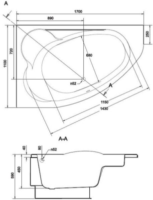 Ванна акриловая асимметричная левая с ножками без панели Cersanit KALIOPE 170x110 S301-114
