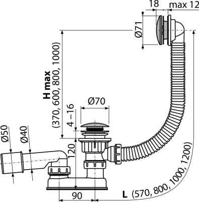 Сифон для ванны CLICK/CLACK, металл AlcaPlast A504CKM-BL-01