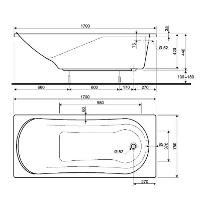 Ванна акриловая прямоугольная с ножками, без панели Kolo Comfort 170х75 XWP3070000