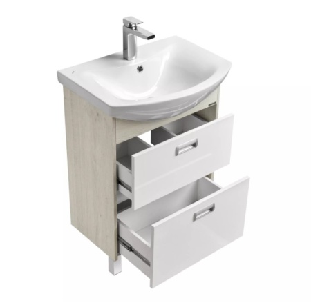 Тумба под умывальник напольная Акватон Бекка 60 с умывальником Балтика 60, белый/дуб Сомерсет