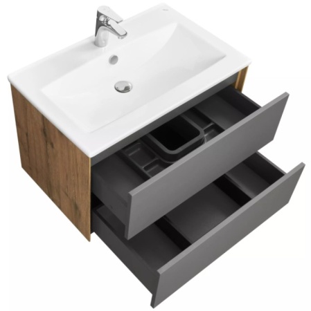 Тумба под умывальник подвесная Акватон Сохо 75 с умывальником Элина 75, дуб Веллингтон/графит