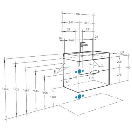 Тумба под умывальник подвесная Акватон Оливия 70 с умывальником Адриана 70, бежевый/дуб Веллингтон