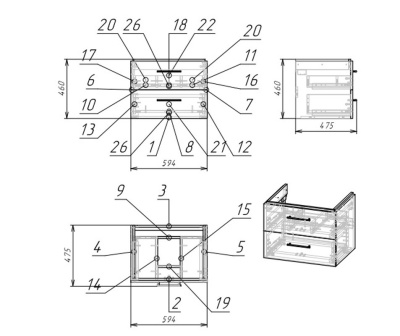 Тумба под умывальник подвесная Cersanit LARA 60 с умывальником COMO 60, белая (SZ-LARA-CO60/Wh+UM-COM60/1)