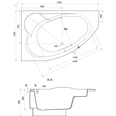 Ванна акриловая асимметричная левая с ножками с панелью Cersanit KALIOPE 170x110 (S301-114+S401-095)