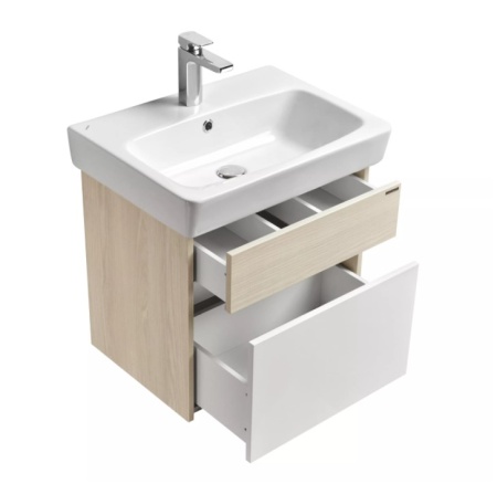 Тумба под умывальник подвесная Акватон Верди 60 с умывальником Нео 60, белый/ясень фабрик