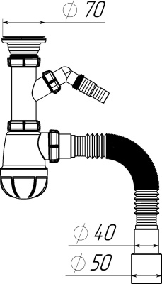 Сифон для кухни 1 1/2"х40 с мет.реш. с г.т. 40х40/50,с отводом под стир.машину Aquant B1025-30-MR