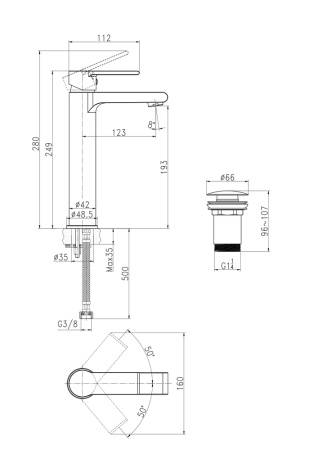 BLACK Смеситель для раковины высокий однорычажный черный клик клак Cersanit Brasko 63111