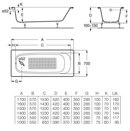 Чугунная ванна с ножками Roca Continental 160x70 A21291200R