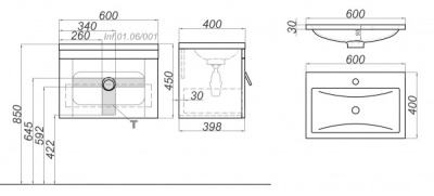 Тумба подвесная AQWELLA Инфинити Т6/001 с умывальником Infinity 600 (Inf.01.06/001+Inf.06.04.D)