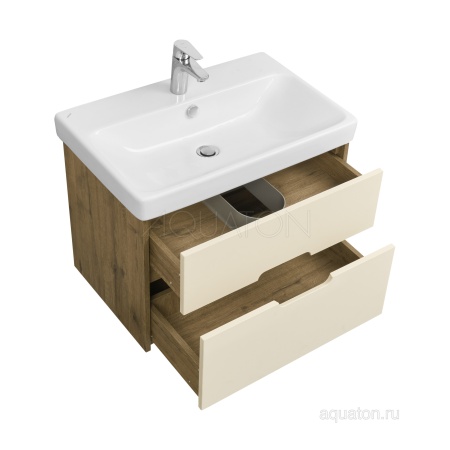 Тумба под умывальник подвесная Акватон Оливия 70 с умывальником Адриана 70, бежевый/дуб Веллингтон