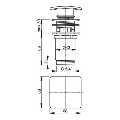 Водослив для умывальника click/clack 5/4" цельнометаллический с квадр заглушкой AlcaPlast A393-BL-01