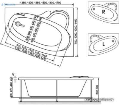 Ванна акриловая асимметричная правая с ножками, без панели Bonito Home MAYA 1700X1100 P. Акция